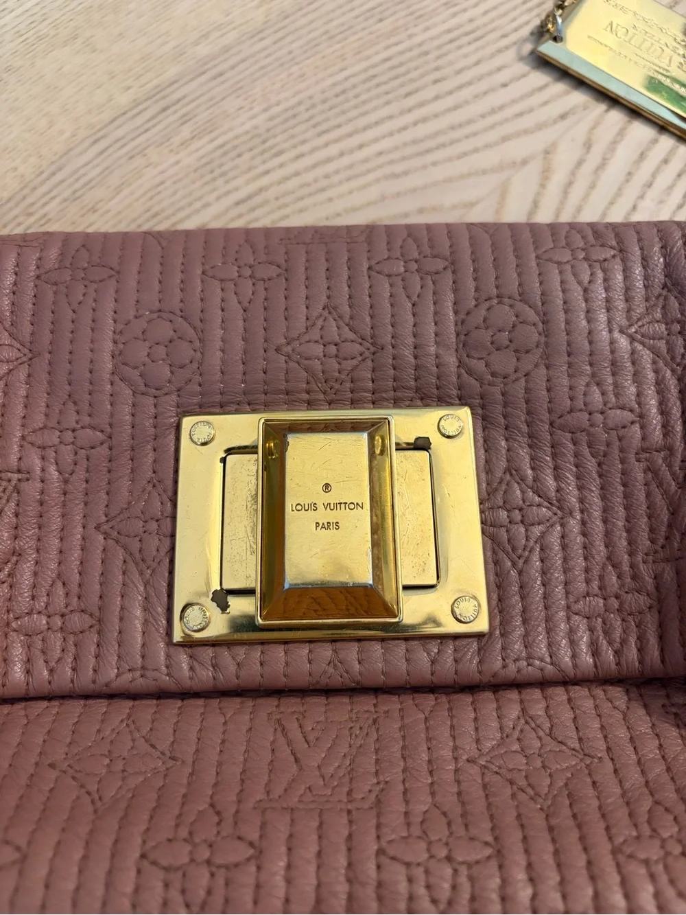 Louis Vuitton Mauve Taupe Leather Monogram Clutch with Gold Mirror